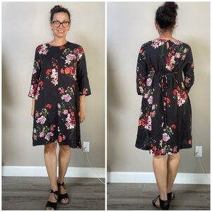 Hannes Roether 100% floral black linen 3/4 sleeves cinch back midi dress…